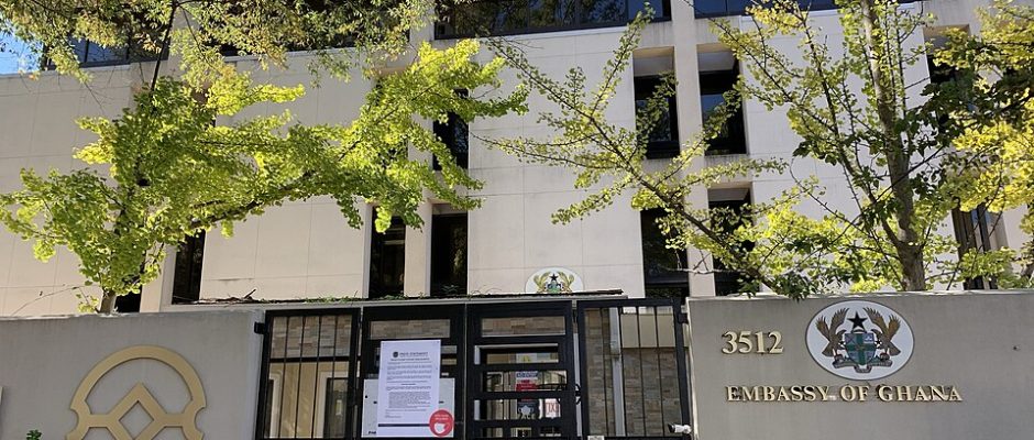 Exterior of the Embassy of Ghana in Washington, D.C., gated entrance with the address “3512” on the wall