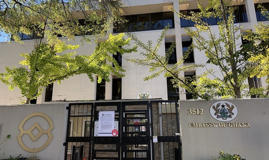 Exterior of the Embassy of Ghana in Washington, D.C., gated entrance with the address “3512” on the wall