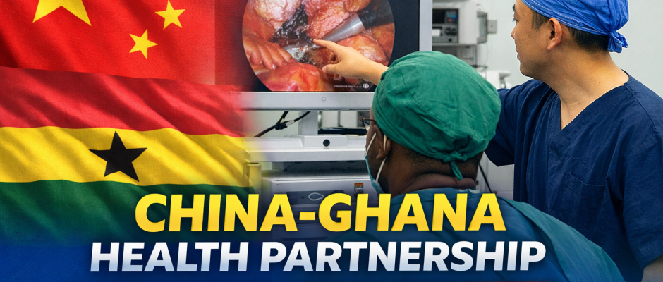 China Ghana health partnership surgical training at Lekma Hospital in Accra, with surgeons reviewing minimally invasive procedures