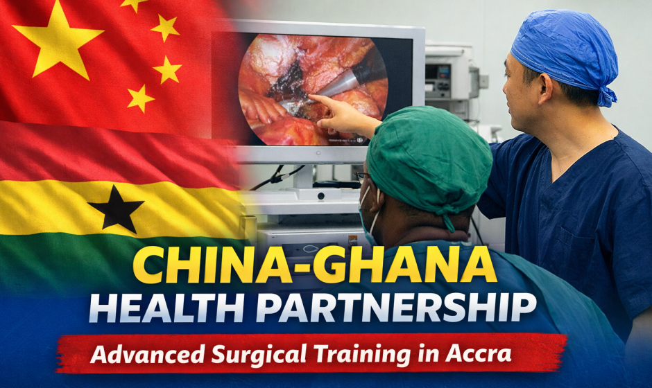 China Ghana health partnership surgical training at Lekma Hospital in Accra, with surgeons reviewing minimally invasive procedures