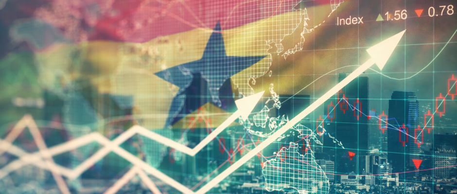 Global financial market chart overlay with rising trend lines over a city skyline and a subtle Ghanaian flag blended into the background, representing Ghana’s role in global economic growth.