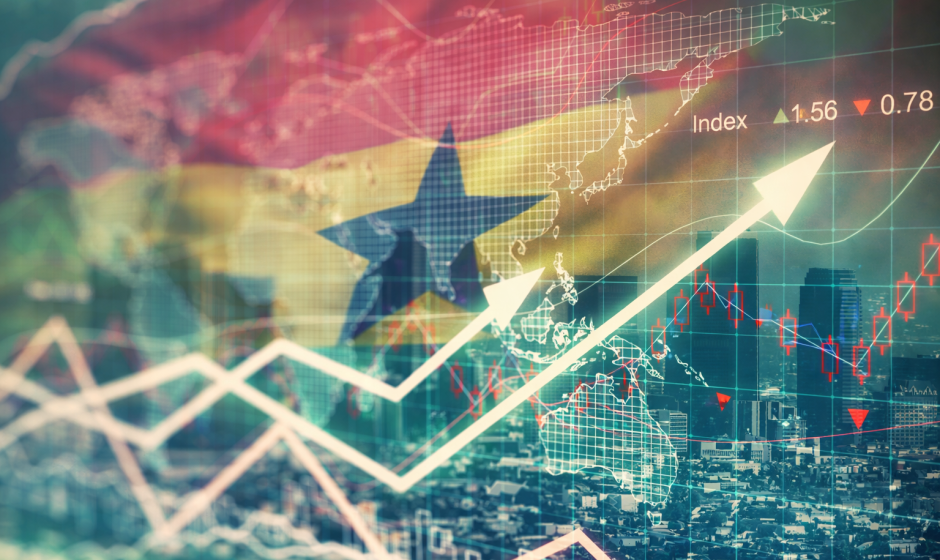 Global financial market chart overlay with rising trend lines over a city skyline and a subtle Ghanaian flag blended into the background, representing Ghana’s role in global economic growth.