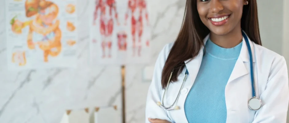 Ghanaian female doctor in a modern healthcare clinic with medical charts in the background