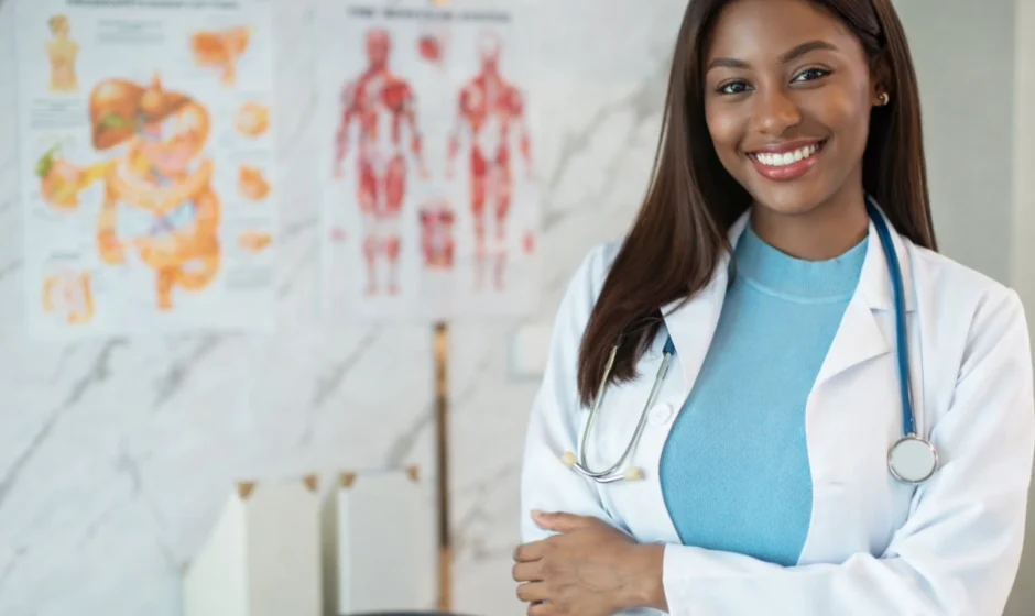 Ghanaian female doctor in a modern healthcare clinic with medical charts in the background