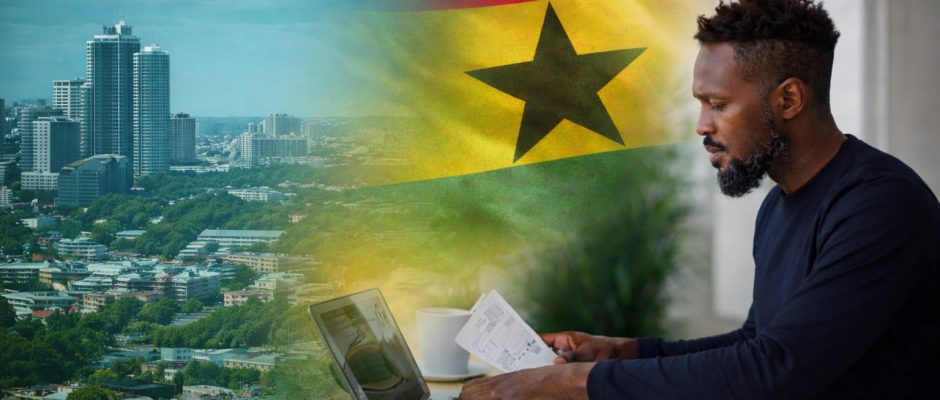 Close-up photo of binoculars resting on a paper travel map of West Africa with Ghana clearly visible. In the background a small Ghana flag is standing upright. Natural daylight, calm neutral colors, editorial travel photography style, minimal composition, realistic, high detail, 16:9 aspect ratio.