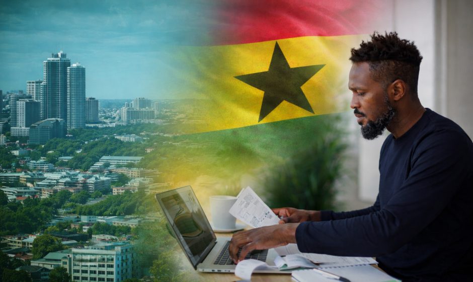 Close-up photo of binoculars resting on a paper travel map of West Africa with Ghana clearly visible. In the background a small Ghana flag is standing upright. Natural daylight, calm neutral colors, editorial travel photography style, minimal composition, realistic, high detail, 16:9 aspect ratio.
