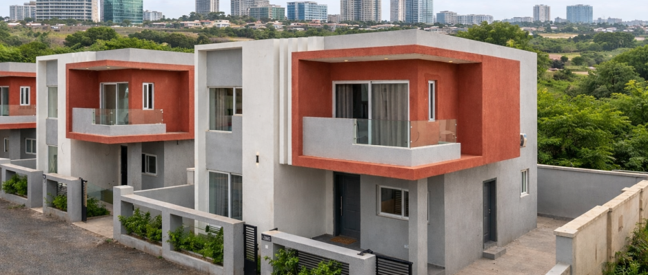 Modern townhouse development in Accra Ghana with contemporary architecture and city skyline