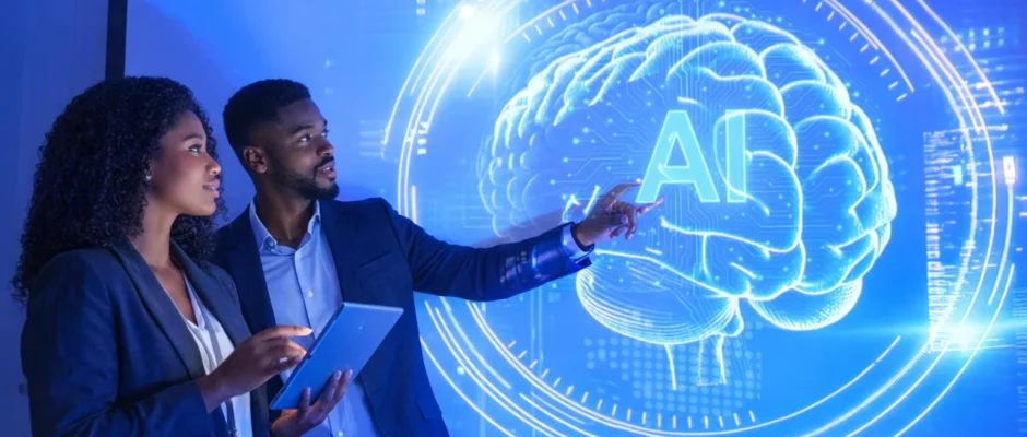 AI in Ghana 2050 showing African professionals using artificial intelligence in business and technology sectors