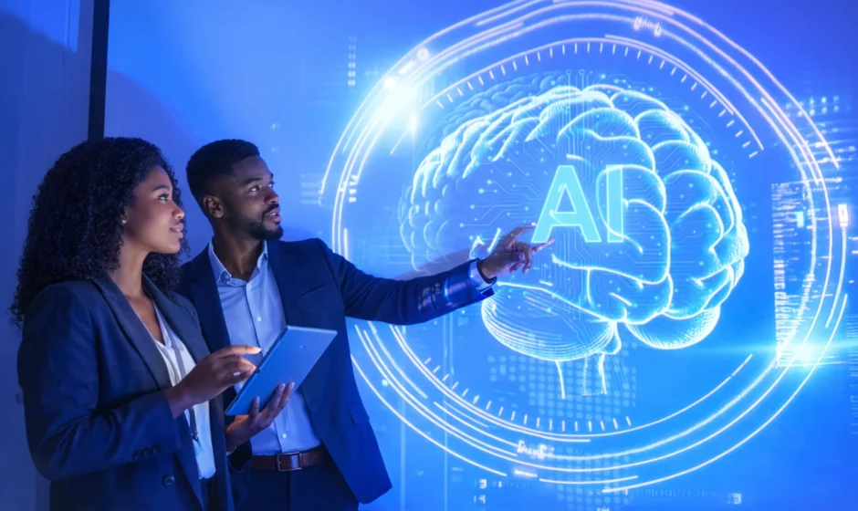 AI in Ghana 2050 showing African professionals using artificial intelligence in business and technology sectors