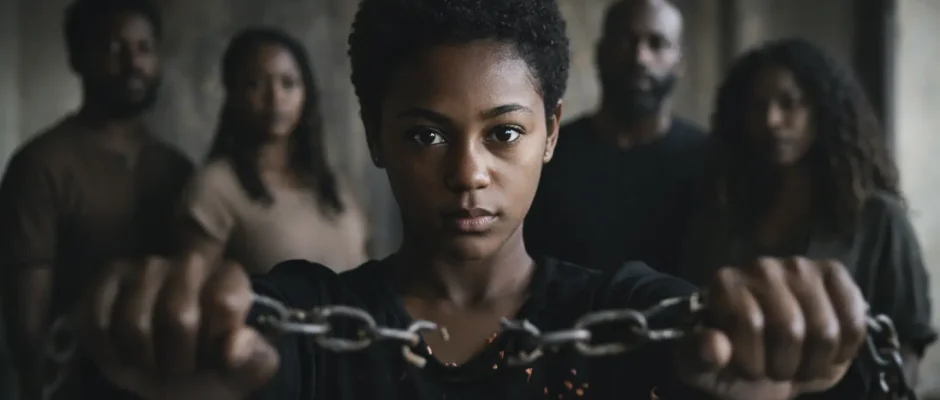 Black woman breaking chains symbolizing freedom from slavery and generational oppression with community behind her