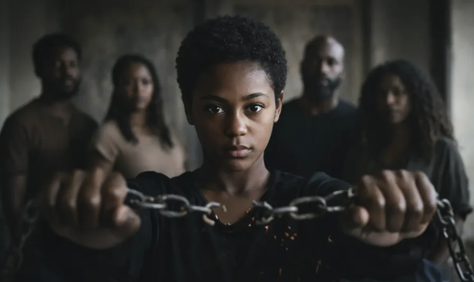 Black woman breaking chains symbolizing freedom from slavery and generational oppression with community behind her