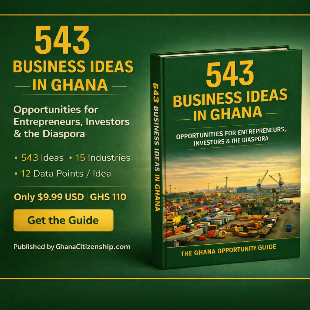 543 Business Ideas in Ghana guide showing investment opportunities for entrepreneurs, investors, and the diaspora exploring business opportunities in Ghana.