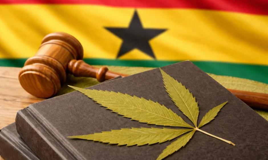Cannabis leaf on law books with gavel and Ghana flag background