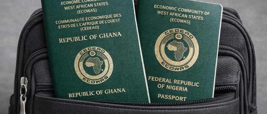Ghana and Nigeria passports inside a black travel bag representing Ghana Nigeria dual citizenship