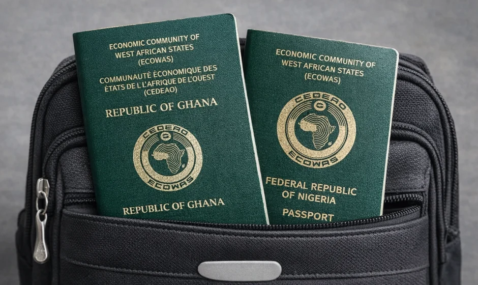 Ghana and Nigeria passports inside a black travel bag representing Ghana Nigeria dual citizenship