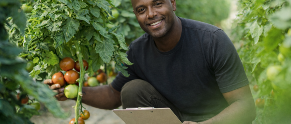 Black farmer in Ghana harvesting tomatoes