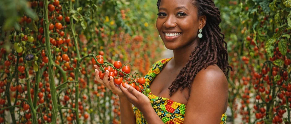 Ghanaian woman holding fresh tomatoes in a greenhouse in Ghana