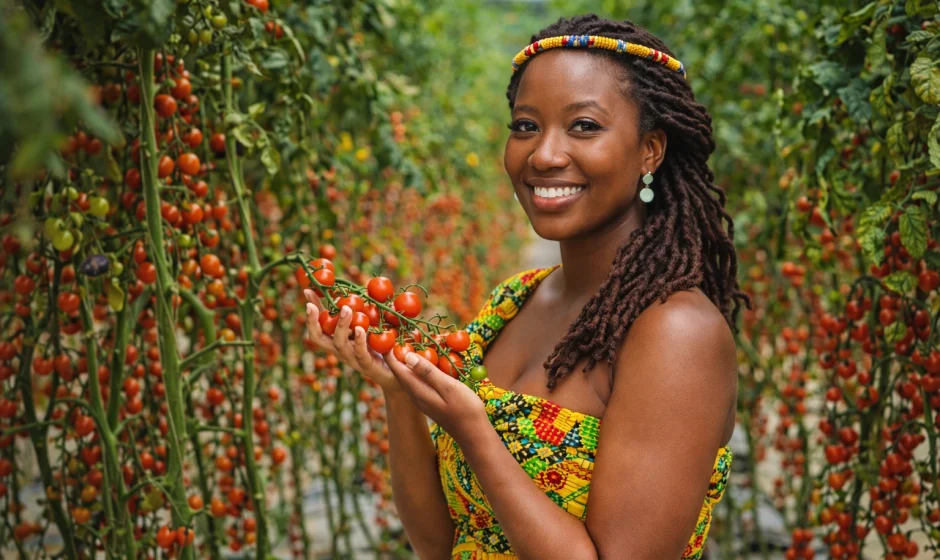 Ghanaian woman holding fresh tomatoes in a greenhouse in Ghana