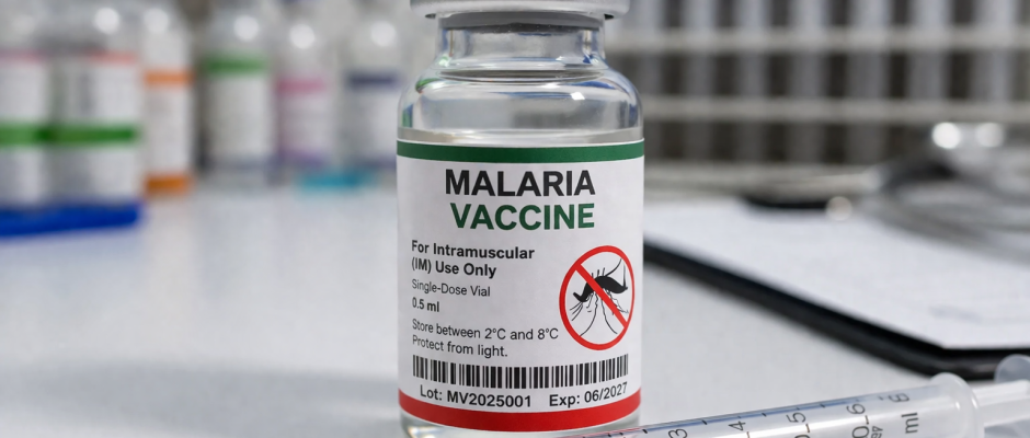 Malaria vaccine vial and syringe used for travel health preparation before visiting Ghana