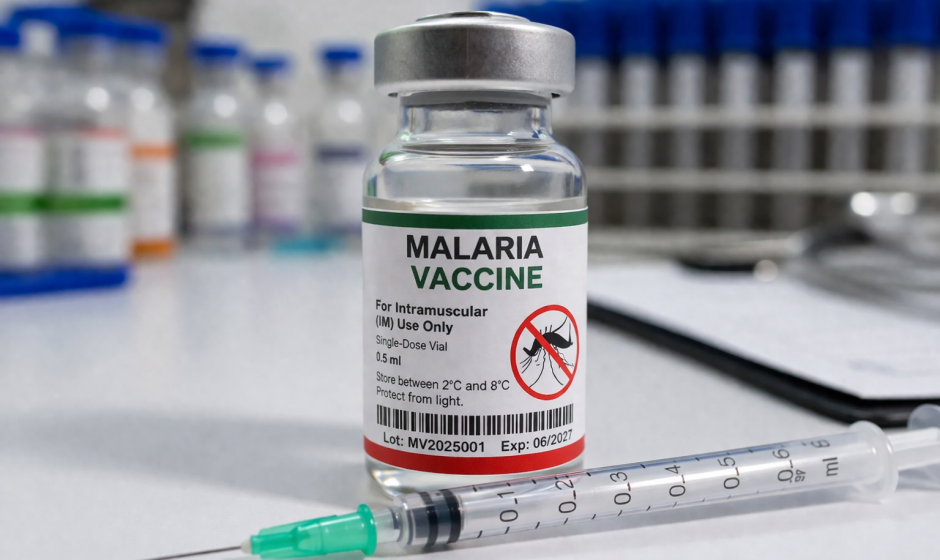 Malaria vaccine vial and syringe used for travel health preparation before visiting Ghana