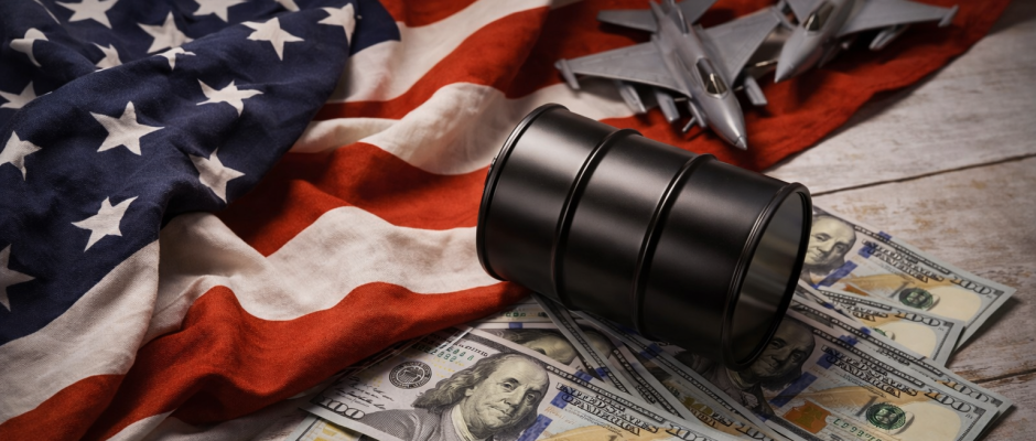United States flag with oil barrel and US dollars symbolizing global oil trade and economic tension
