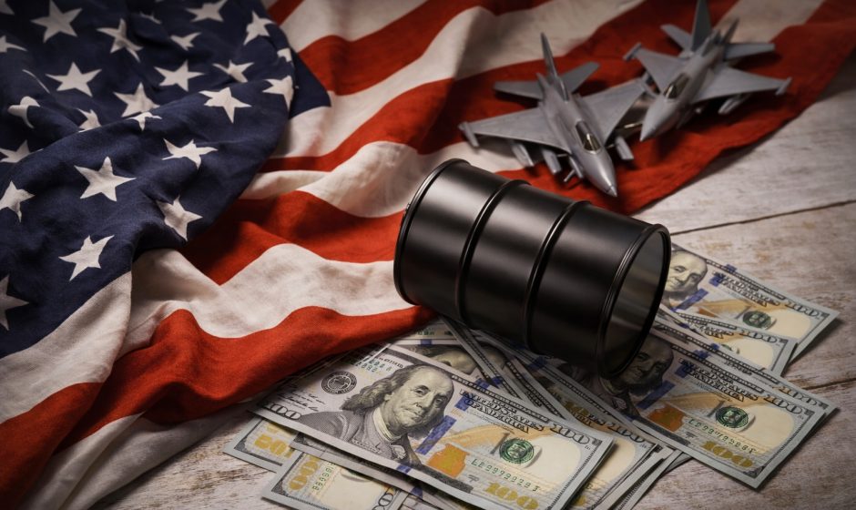 United States flag with oil barrel and US dollars symbolizing global oil trade and economic tension