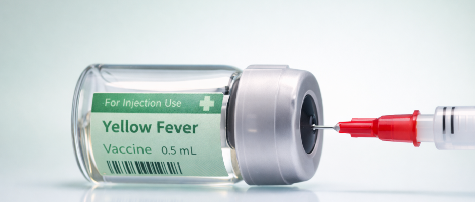 Yellow fever vaccine vial with syringe for Ghana travel vaccination requirement