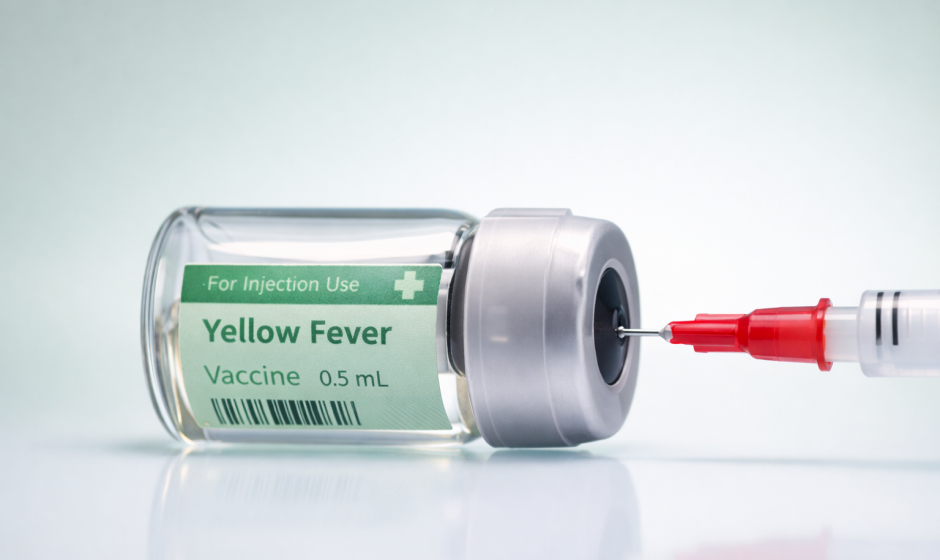 Yellow fever vaccine vial with syringe for Ghana travel vaccination requirement