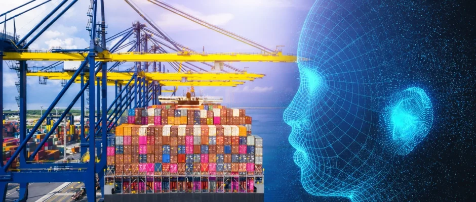 AI digital face overlay beside container ship at Ghana port representing AI customs valuation and import technology in Ghana