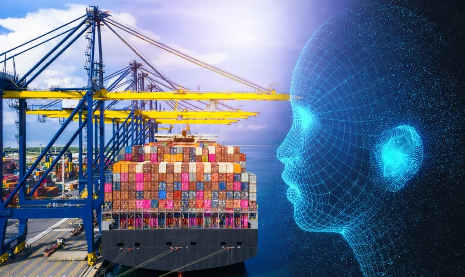 AI digital face overlay beside container ship at Ghana port representing AI customs valuation and import technology in Ghana