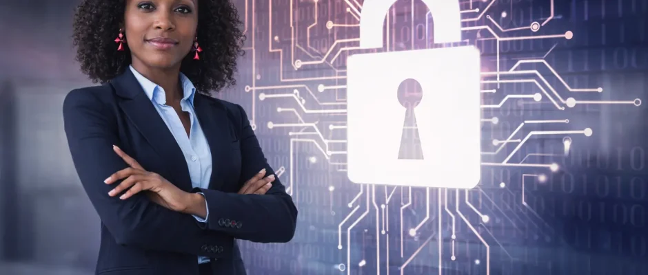 Black Ghanaian cyber security professional woman smiling portrait close-up