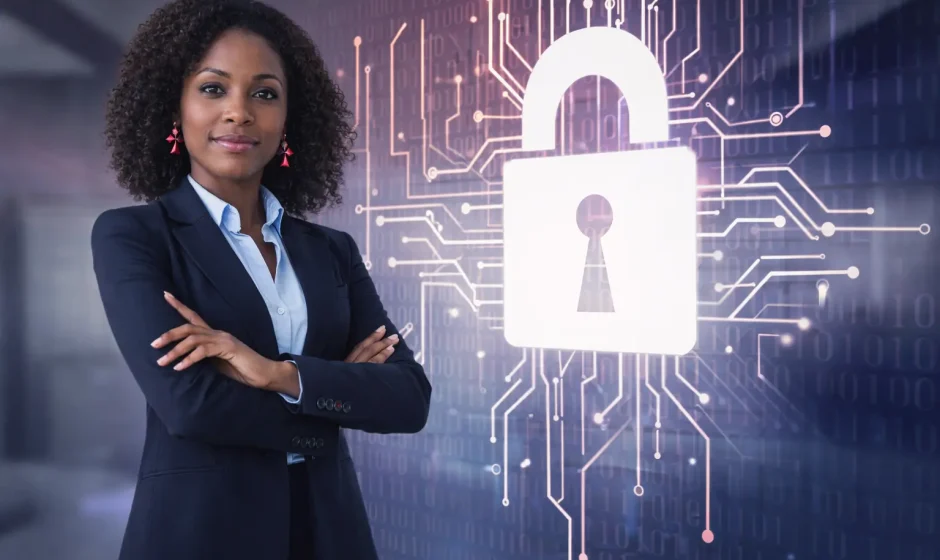 Black Ghanaian cyber security professional woman smiling portrait close-up
