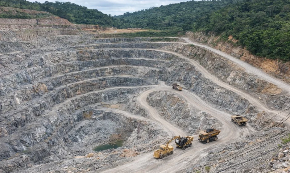 Aerial view of the Bogoso-Prestea gold mine in southwestern Ghana showing terraced open pit excavation and access roads.