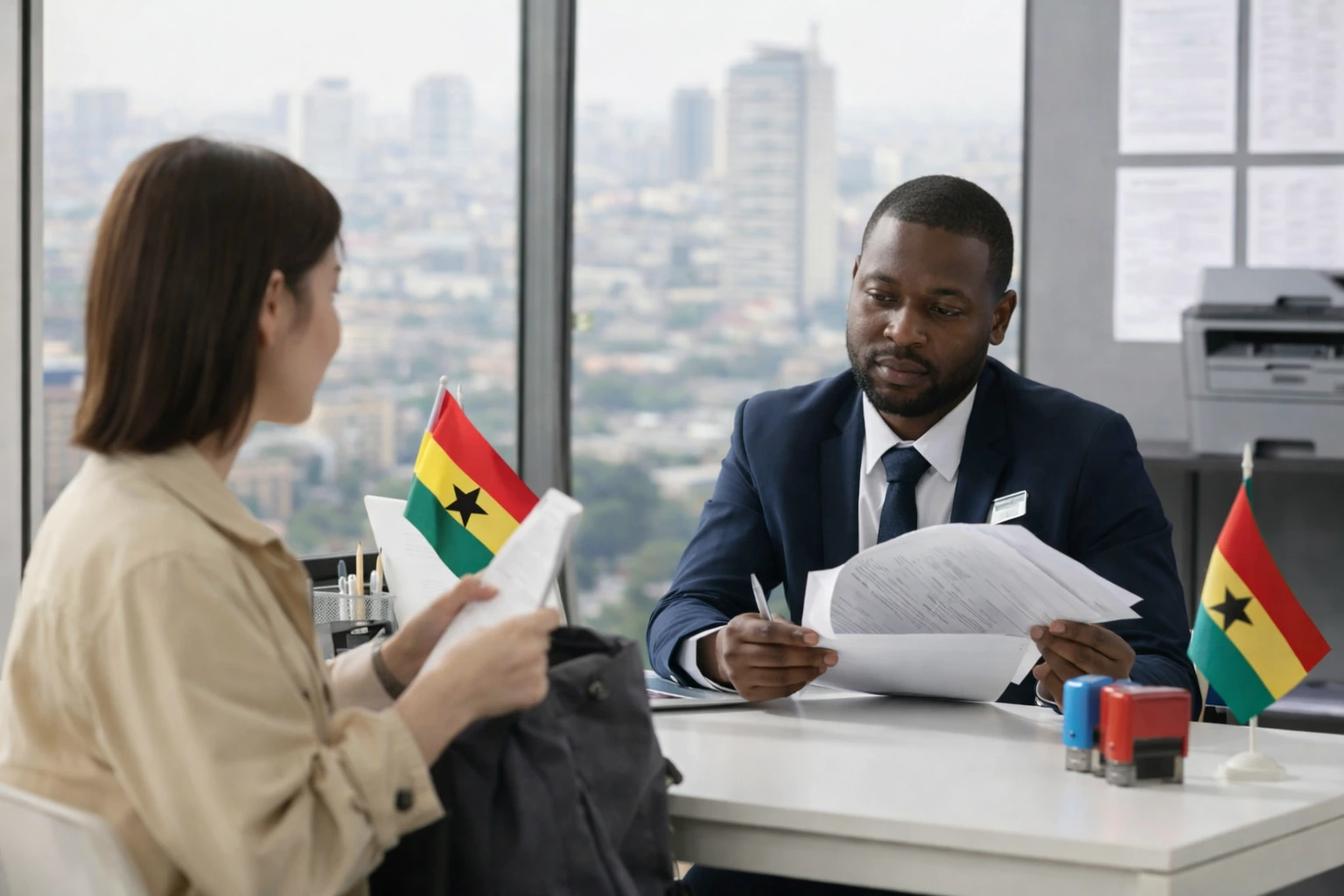 Ghana naturalization requirements 2026 meeting with Ghanaian official reviewing citizenship documents in Accra office