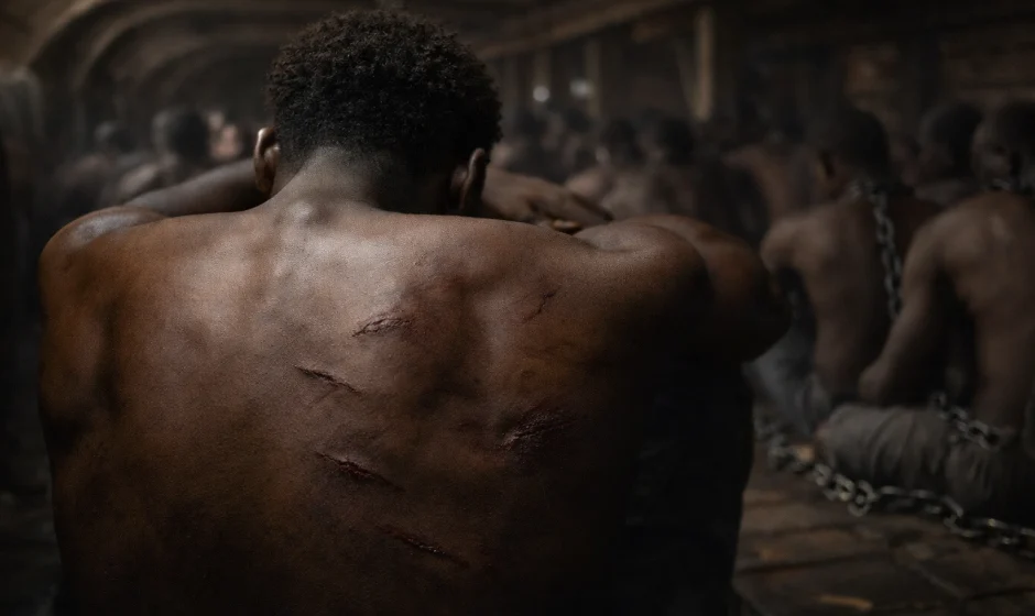 Enslaved African man with scars on his back aboard a slave ship, with chained captives blurred in the background beneath deck