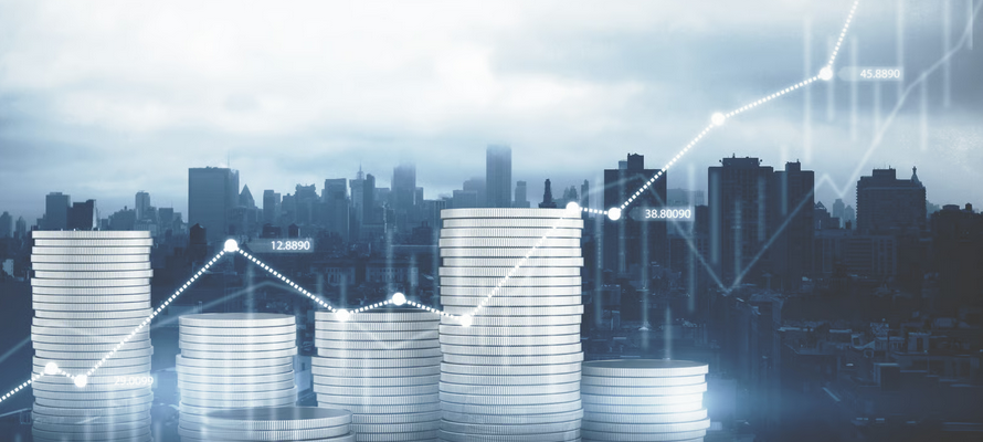 Financial growth chart and stacked coins representing Ghana UNDP WHO launch $1.5 million development initiatives for AI, healthcare, and development projects