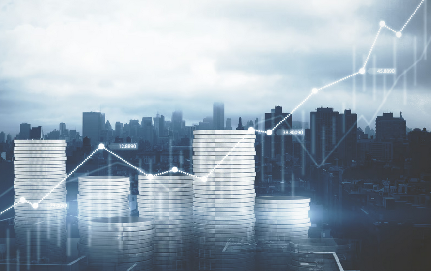 Financial growth chart and stacked coins representing Ghana UNDP WHO launch $1.5 million development initiatives for AI, healthcare, and development projects