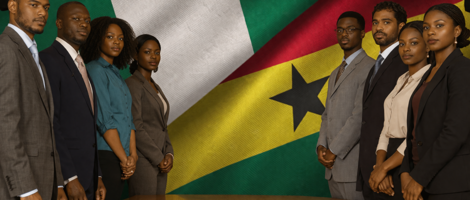 African business professionals with Ghana and Nigeria flags background representing country comparison