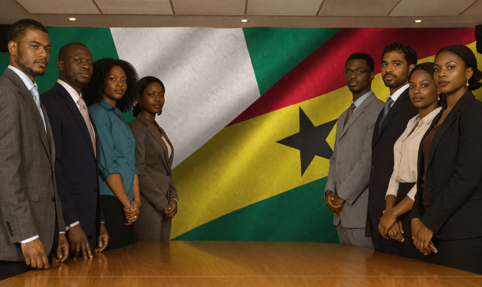 African business professionals with Ghana and Nigeria flags background representing country comparison