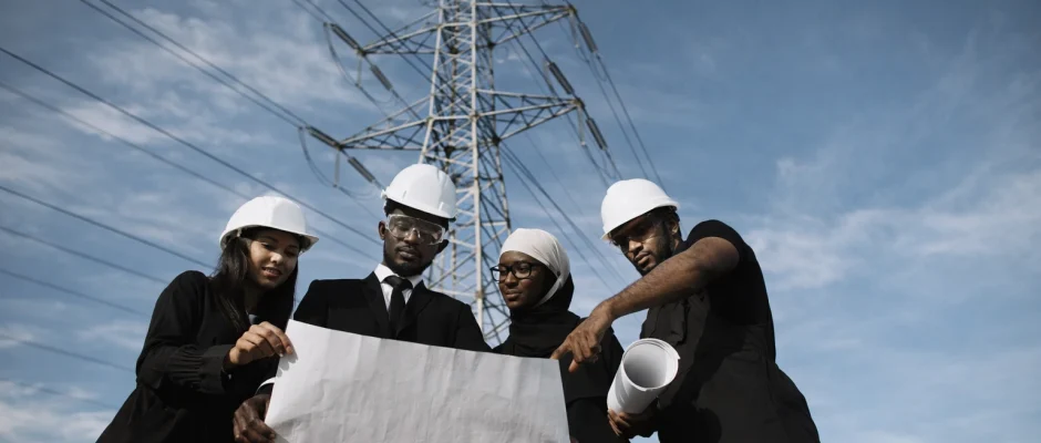 Ghanaian engineers reviewing energy infrastructure plans under high voltage power lines during Ghana energy summit boycott discussion