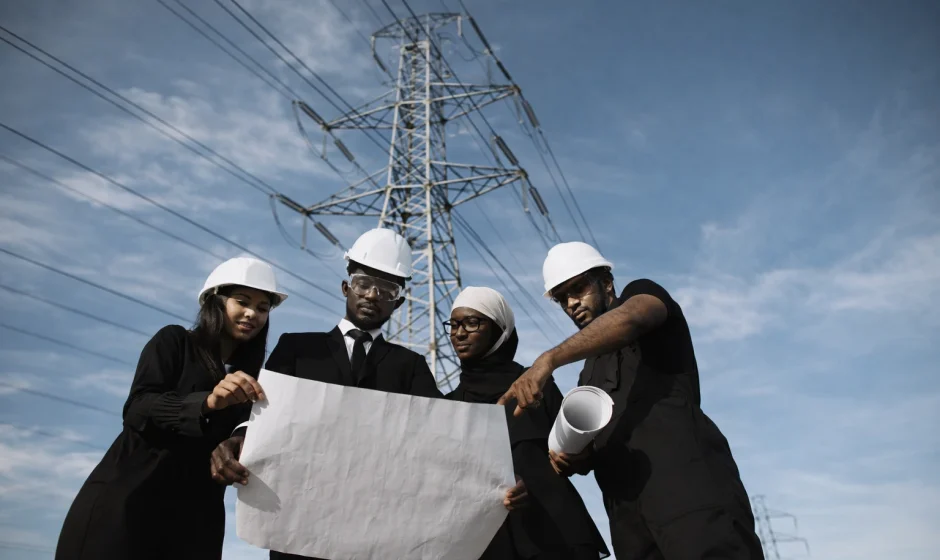 Ghanaian engineers reviewing energy infrastructure plans under high voltage power lines during Ghana energy summit boycott discussion