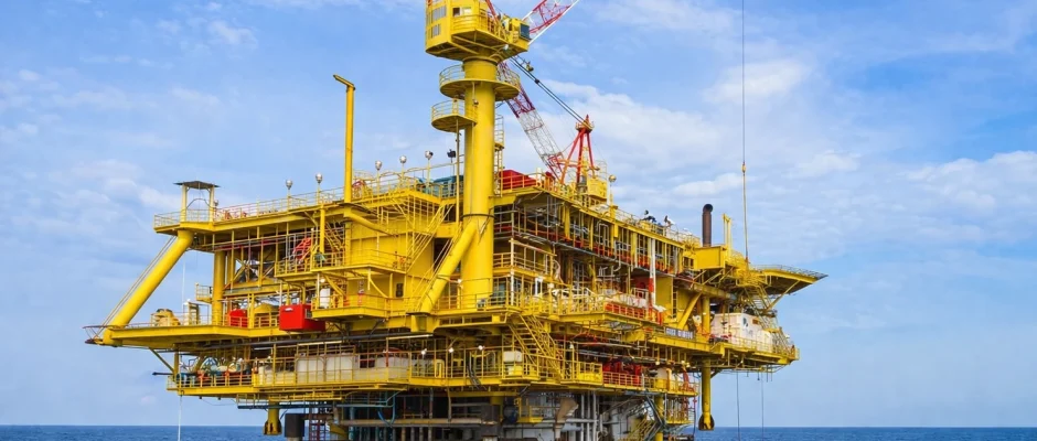 Jubilee offshore field oil rig in Ghana waters at sunset with illuminated platform and ocean view