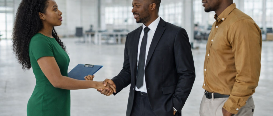 Business professionals discussing commercial property in Ghana office