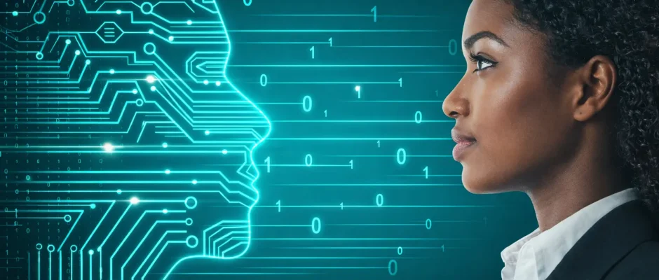 AI investment in Ghana concept showing a Ghanaian woman facing a digital artificial intelligence interface representing technology growth