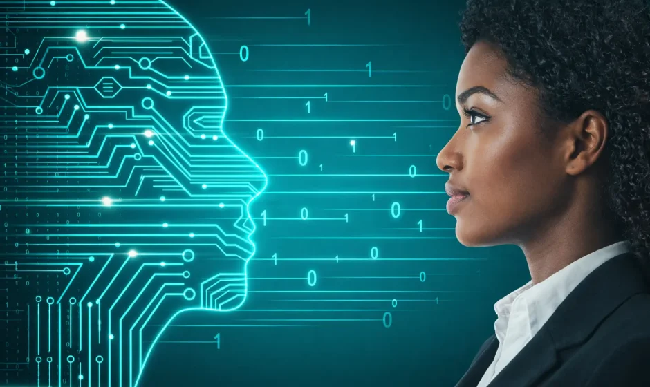 AI investment in Ghana concept showing a Ghanaian woman facing a digital artificial intelligence interface representing technology growth