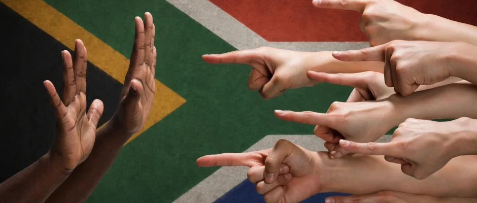Illustration showing South Africa wealth divide, racism, and Black South African xenophobia with raised hands and South African flag background