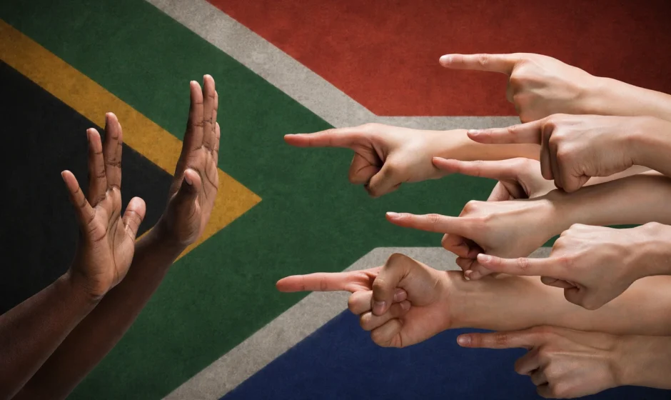Illustration showing South Africa wealth divide, racism, and Black South African xenophobia with raised hands and South African flag background