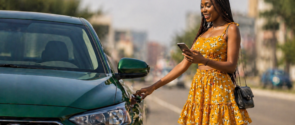 Woman standing beside a green Toyota on a blurred Accra road for an article about driving laws in Ghana