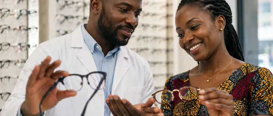 Eye doctors in Ghana helping a patient choose eyeglasses at an optician clinic