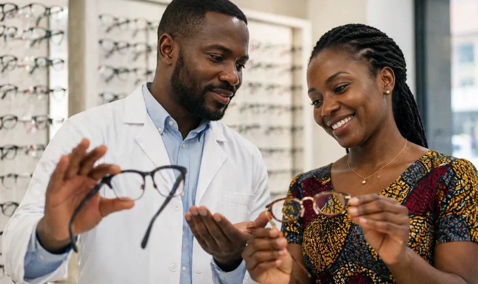 Eye doctors in Ghana helping a patient choose eyeglasses at an optician clinic